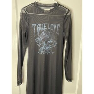 ASOS Design Black Mesh Long Sleeve Midi‎ Dress True Love Skull Graphic Goth
